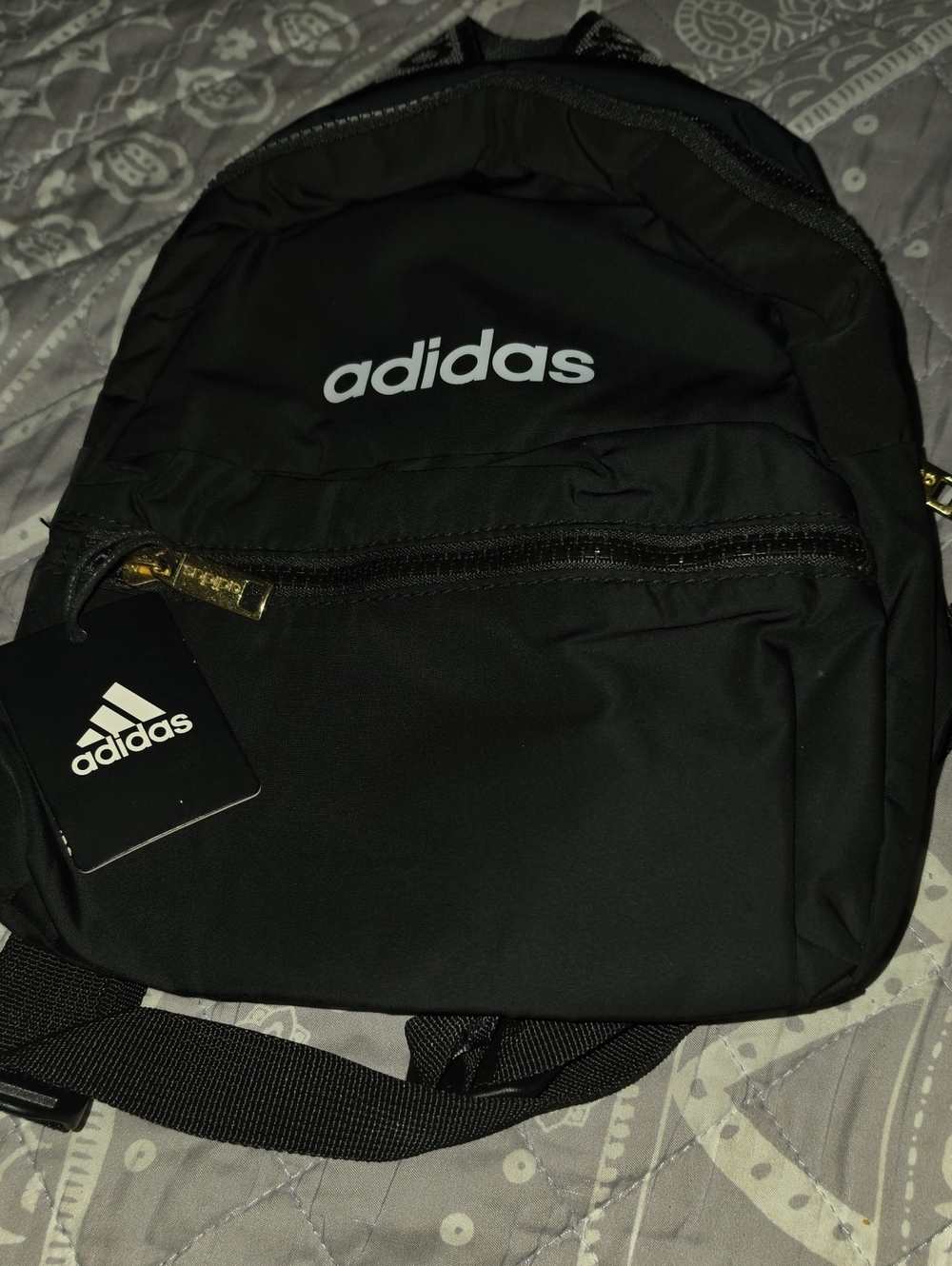 adidas Black Mini Logo Backpack with Gold Zipper Accents